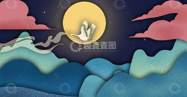 源文件下载【趣麦麦图】撞色简约剪纸风山间明月夜中秋精品素材