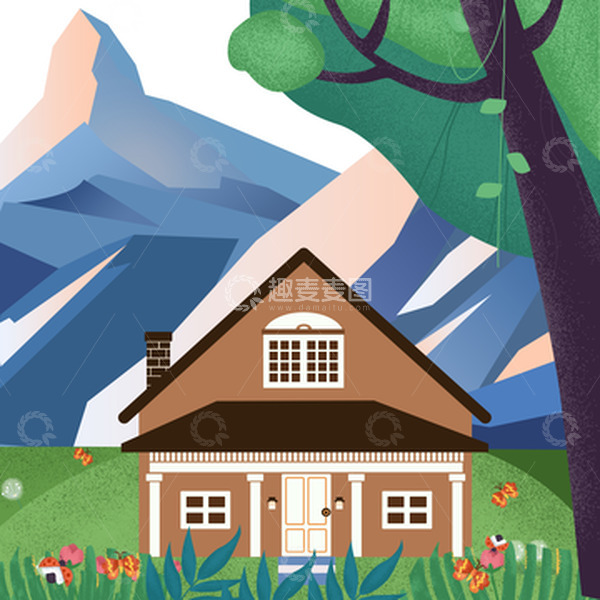 源文件下载【趣麦麦图】绿色小清新郊外小屋