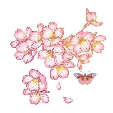 粉红色樱花手绘插画元素