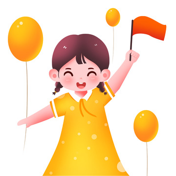 国庆节拿着红旗庆祝的小女孩