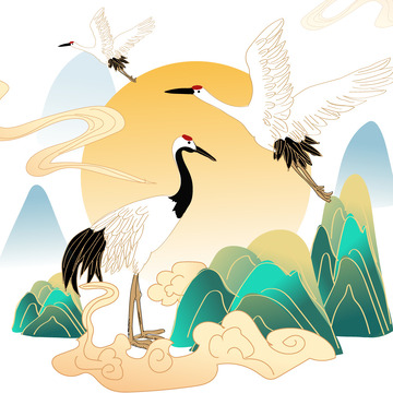浅黄色创意国潮风格仙鹤山脉云朵矢量素材