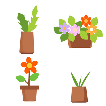 卡通扁平化花园院子盆栽鲜花矢量元素