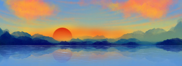 夕阳山水画手绘背景