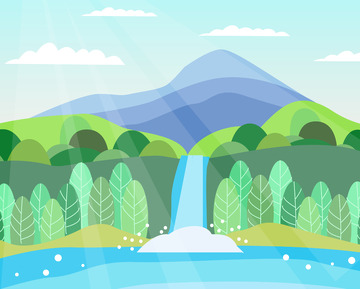 青山绿水小瀑布蓝天白云风景扁平矢量手绘