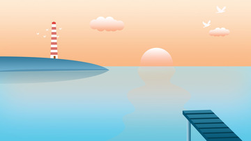 唯美夏天落日黄昏海湾码头卡通插画背景