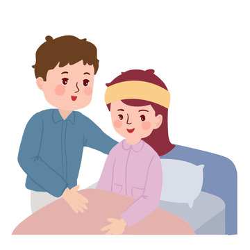 卡通夫妻陪护照顾妻子手绘图