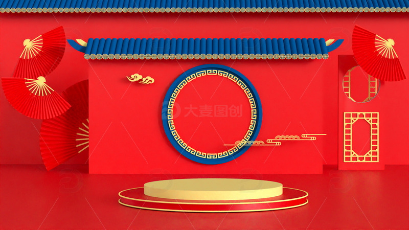 源文件下载【趣麦麦图】C4D国风节日舞台背景