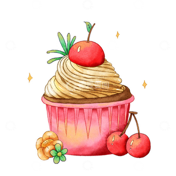 源文件下载【趣麦麦图】-手绘水彩插画美食甜点樱桃纸杯蛋糕