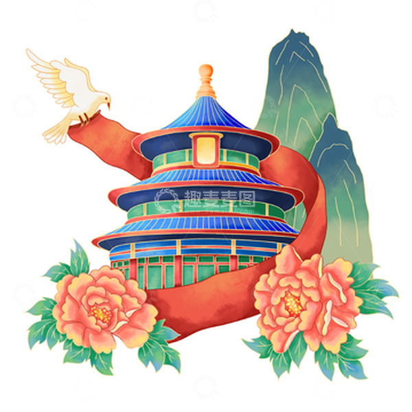 源文件下载【趣麦麦图】手绘国潮中式国庆国风插画天坛