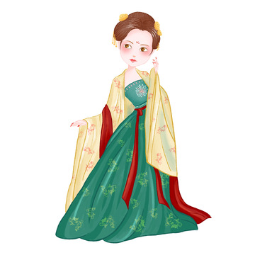 墨绿色淡黄色古风国潮古装人物手绘图