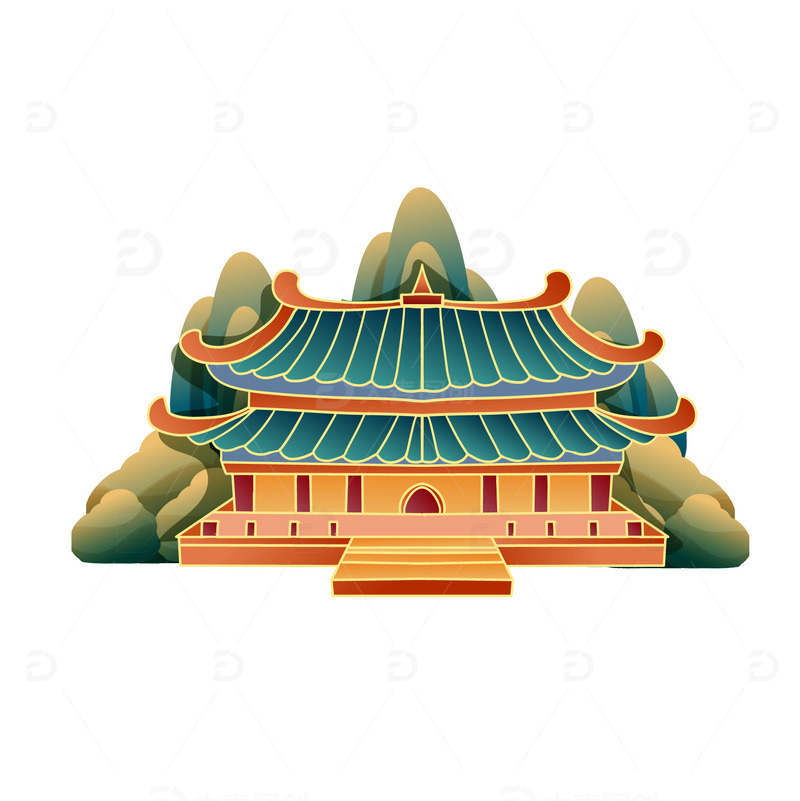 矢量手绘国潮风建筑装饰元素