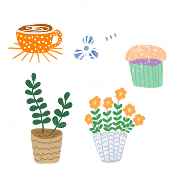 插画小元素植物咖啡小风扇蛋糕