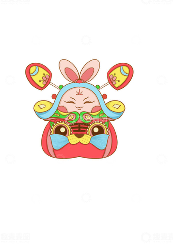 源文件下载【趣麦麦图】红色清新小国风骑虎头的兔儿爷手绘图
