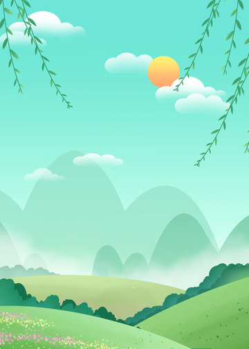 手绘卡通春天田野风景绿色盎然背景