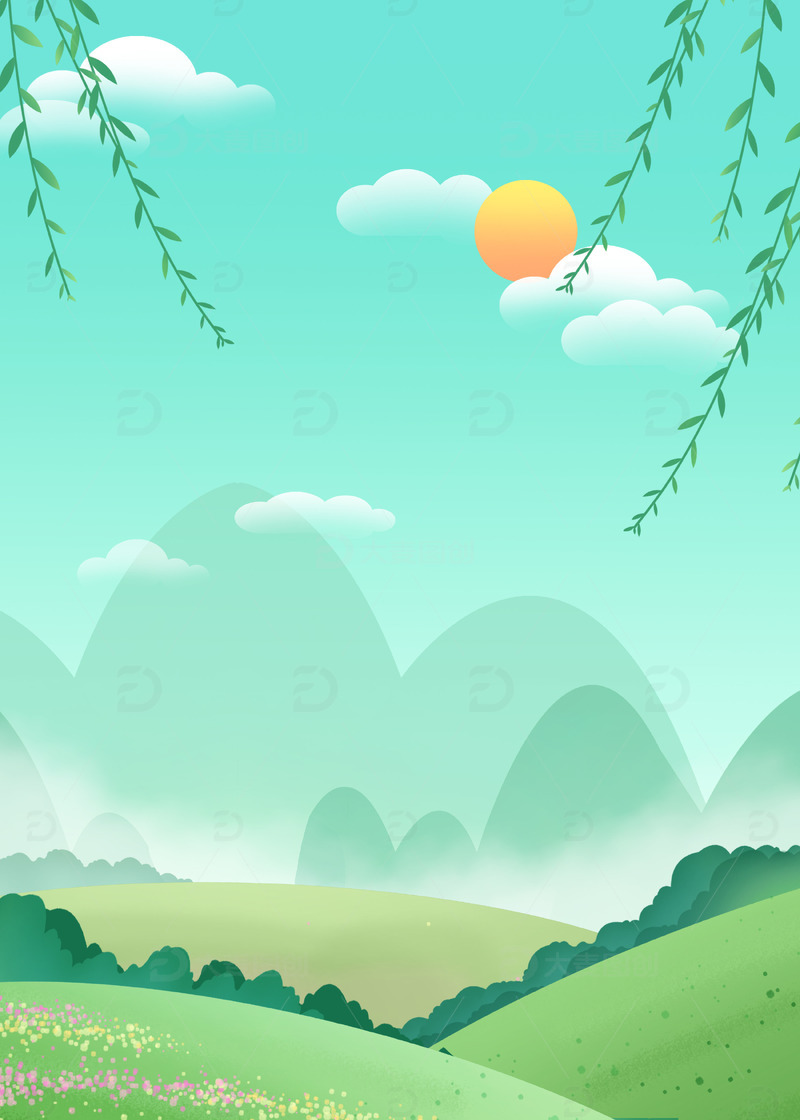 手绘卡通春天田野风景绿色盎然背景