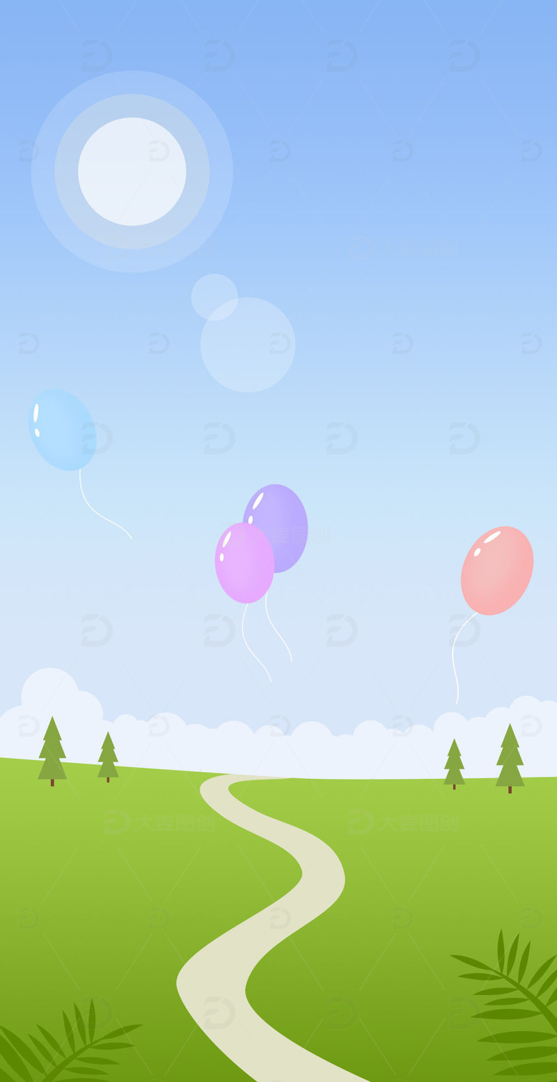 源文件下载【趣麦麦图】小清新春天生机勃勃气球漂浮卡通插画背景