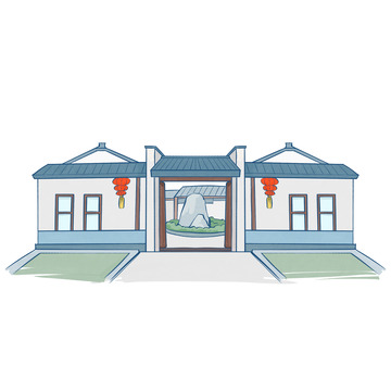 蓝灰中国风建筑江南四合院手绘图