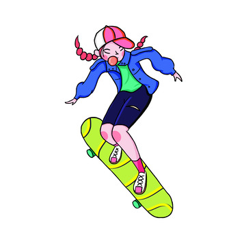 蓝绿色潮流动感滑板女孩手绘图