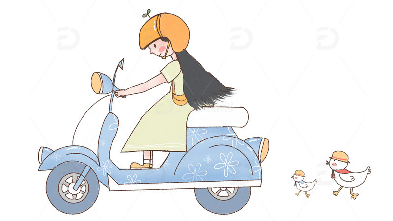 源文件下载【趣麦麦图】手绘女孩骑电动车宠物鸭出行插画