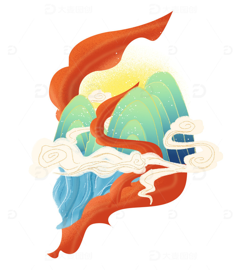 源文件下载【趣麦麦图】国庆国潮风高山流水红飘带插画