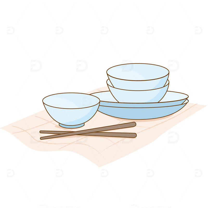 源文件下载【趣麦麦图】-蓝色卡通碟子碗筷手绘元素