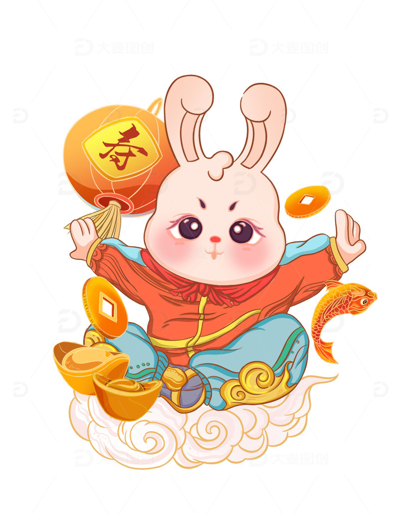 橙红色国潮手绘贺寿兔子插画