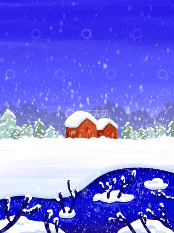 源文件下载【趣麦麦图】冬季飘雪 手绘宁静 雪村