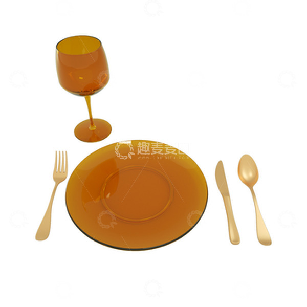 源文件下载【趣麦麦图】3D仿真半透明茶色酒杯金汤匙叉子餐刀餐具