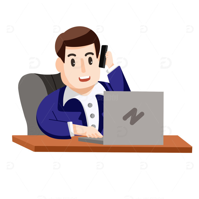 源文件下载【趣麦麦图】坐在办公桌前看着电脑打电话的男领导男老板