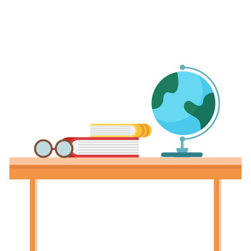 矢量卡通书籍地球仪书桌