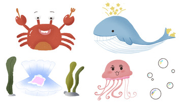 手绘海洋世界螃蟹鲸鱼鱿鱼蚌壳海底生物