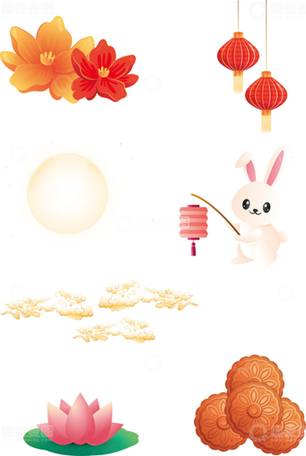 源文件下载【趣麦麦图】中秋节兔子月饼荷花月亮灯笼元素