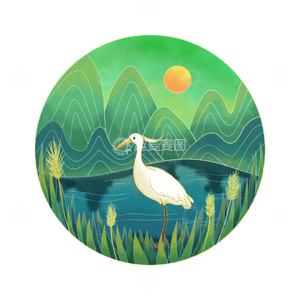 源文件下载【趣麦麦图】手绘二十四节气白露国风插画山水白鹭