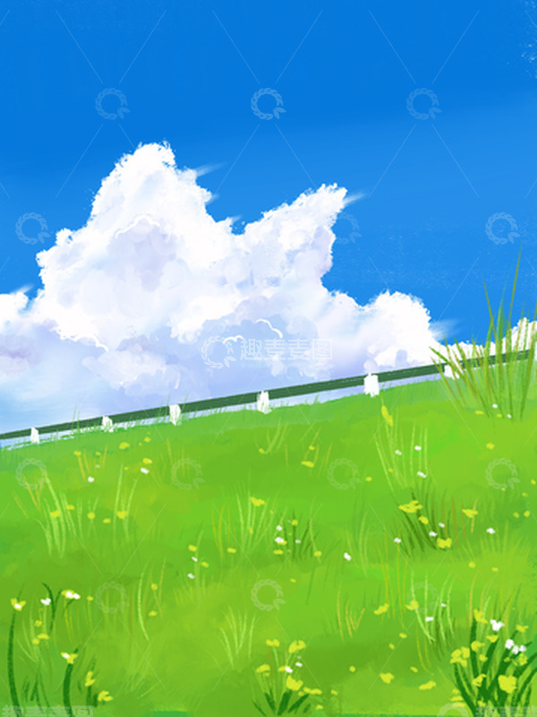 源文件下载【趣麦麦图】手绘蓝天白云 草地 小野花 云朵