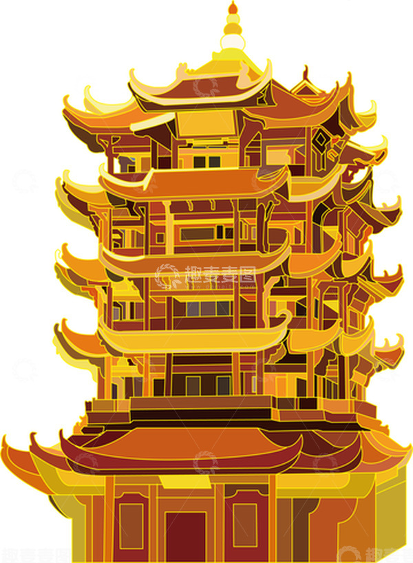 源文件下载【趣麦麦图】黄色描边黄鹤楼国庆手绘图