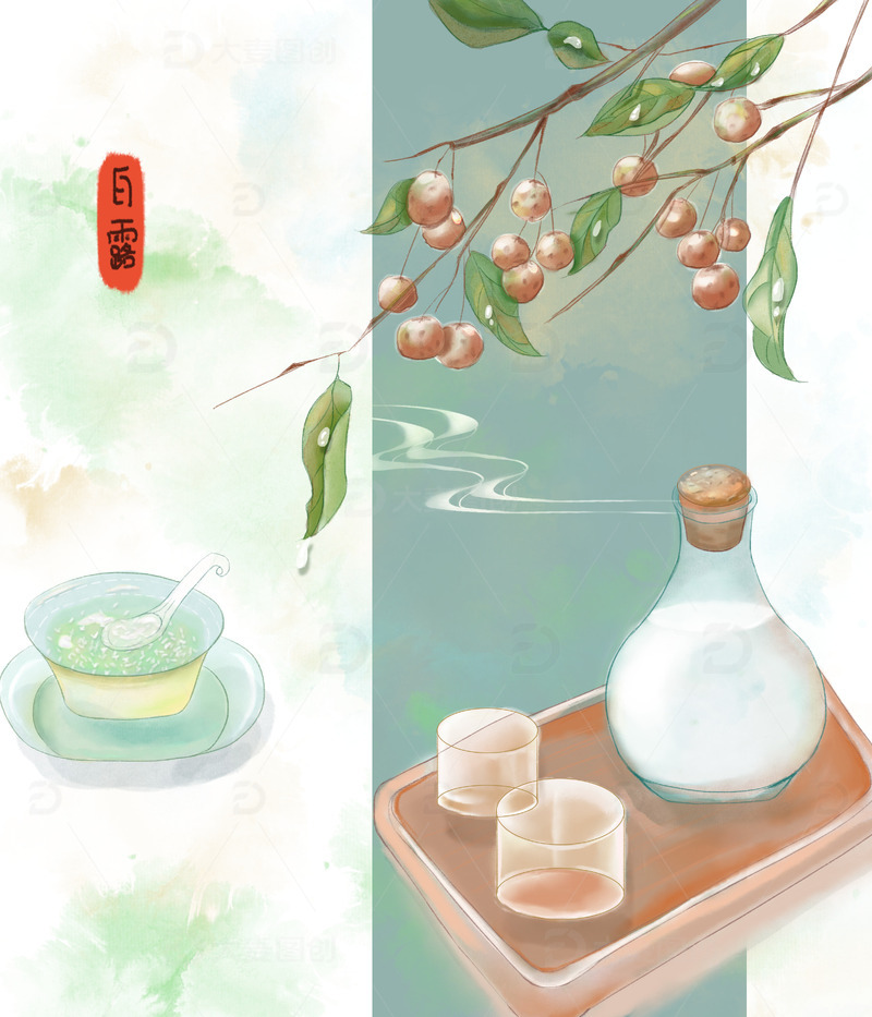 源文件下载【趣麦麦图】-白露卡通风格早餐牛奶露珠小清新背景