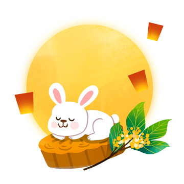 中秋月亮兔子月饼灯笼手绘元素