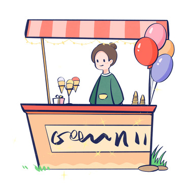 夜市营业小摊冰淇淋扁平手绘图