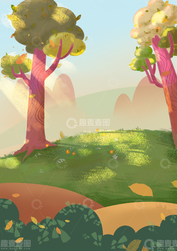 源文件下载【趣麦麦图】卡通秋天树林落叶手绘背景图