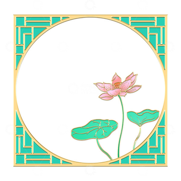 源文件下载【趣麦麦图】绿色国潮渐变莲花金属边框