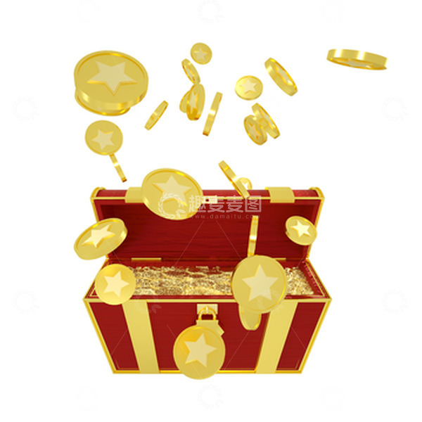 源文件下载【趣麦麦图】3D立体金币金币箱子宝箱红色宝箱