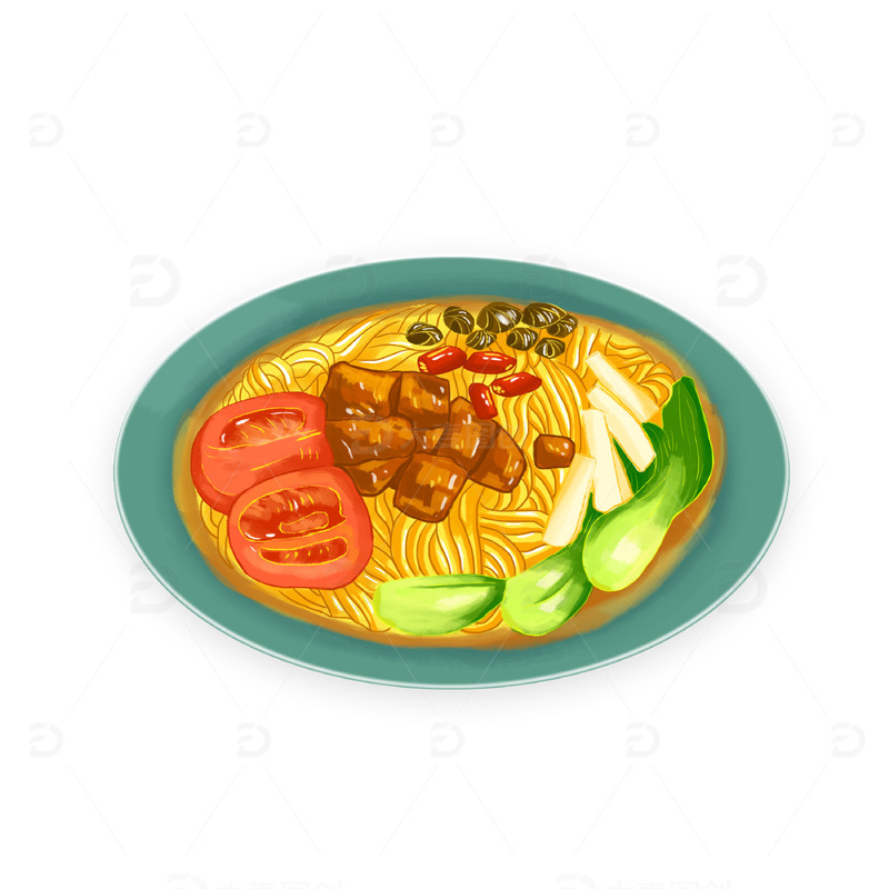 源文件下载【趣麦麦图】油黄色国风美食西红柿牛肉螺狮面条手绘图