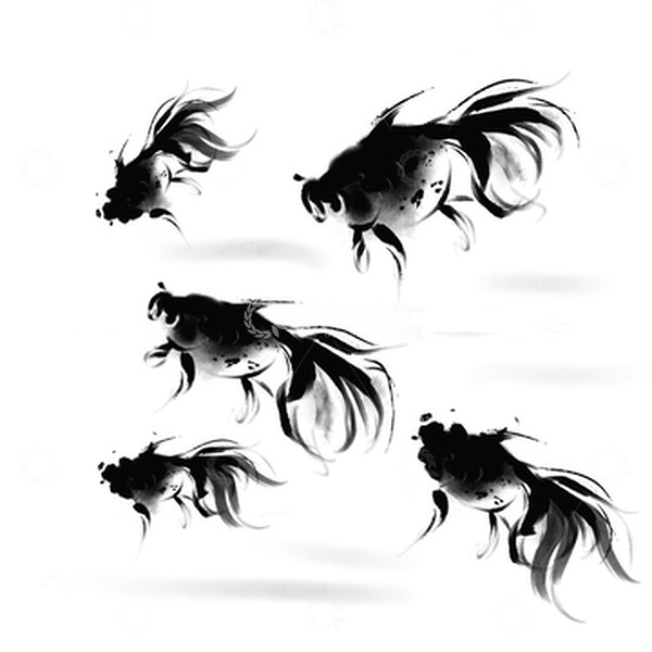 源文件下载【趣麦麦图】黑白水墨中国话金鱼手绘元素