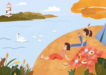 黄色扁平风秋天白露露营手绘图