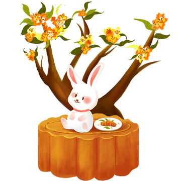 橙色兔子赏月吃月饼桂花树中秋节手绘图