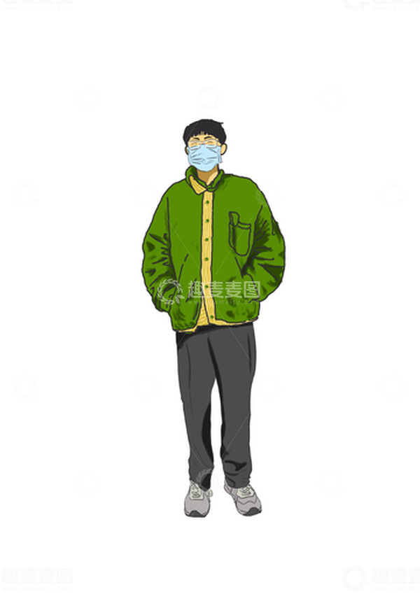 源文件下载【趣麦麦图】-灰绿色简约戴口罩的男生手绘图