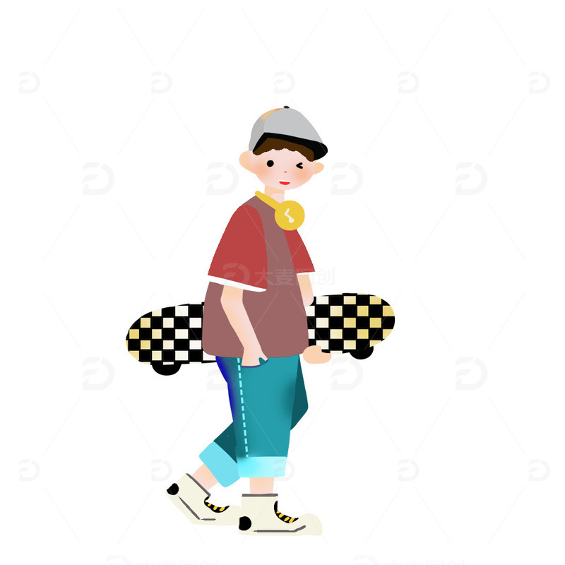 源文件下载【趣麦麦图】红绿撞色扁平风滑板男孩健身手绘图
