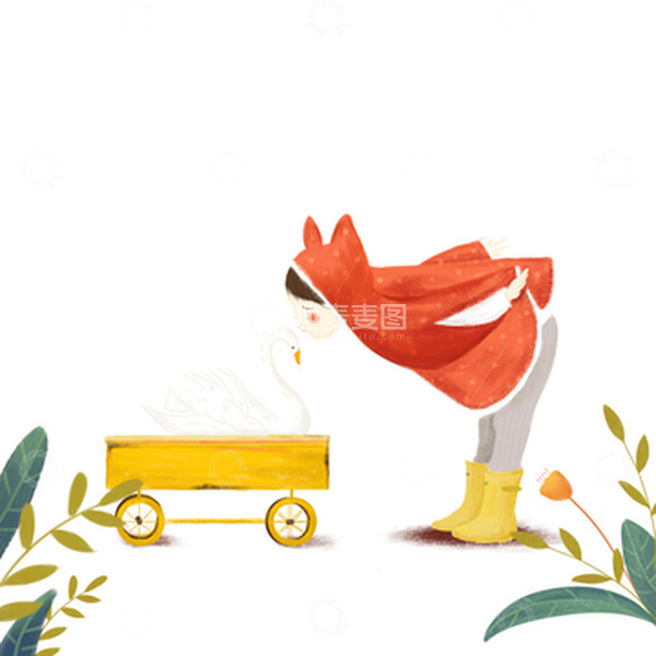源文件下载【趣麦麦图】森林小清新秋天小女孩冒险亲吻天鹅手绘图