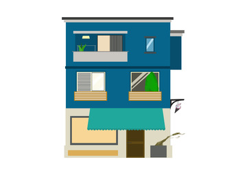 蓝米白扁平风冰激凌店铺建筑手绘图