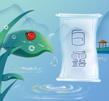 蓝绿色清新简约白露节气手绘图